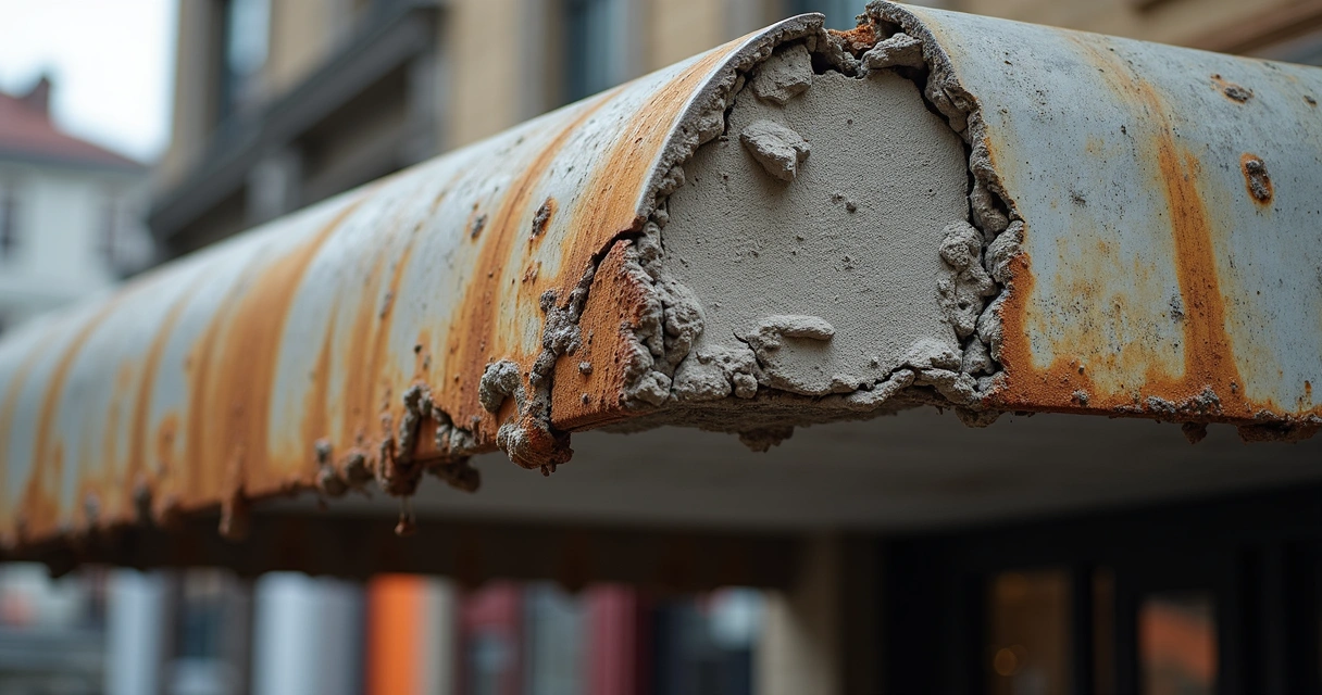 Corrosão visível em armaduras de marquise de concreto 