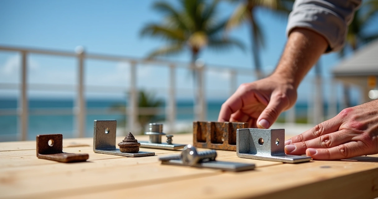 Contractor comparing corrosion resistant brackets and fasteners on a coastal jobsite workbench 