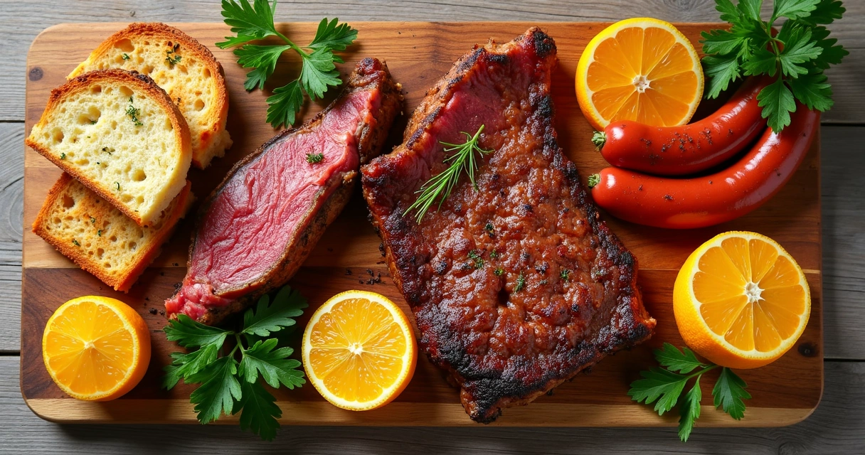 Variedade de cortes de carne para churrasco brasileiro numa tábua de madeira 