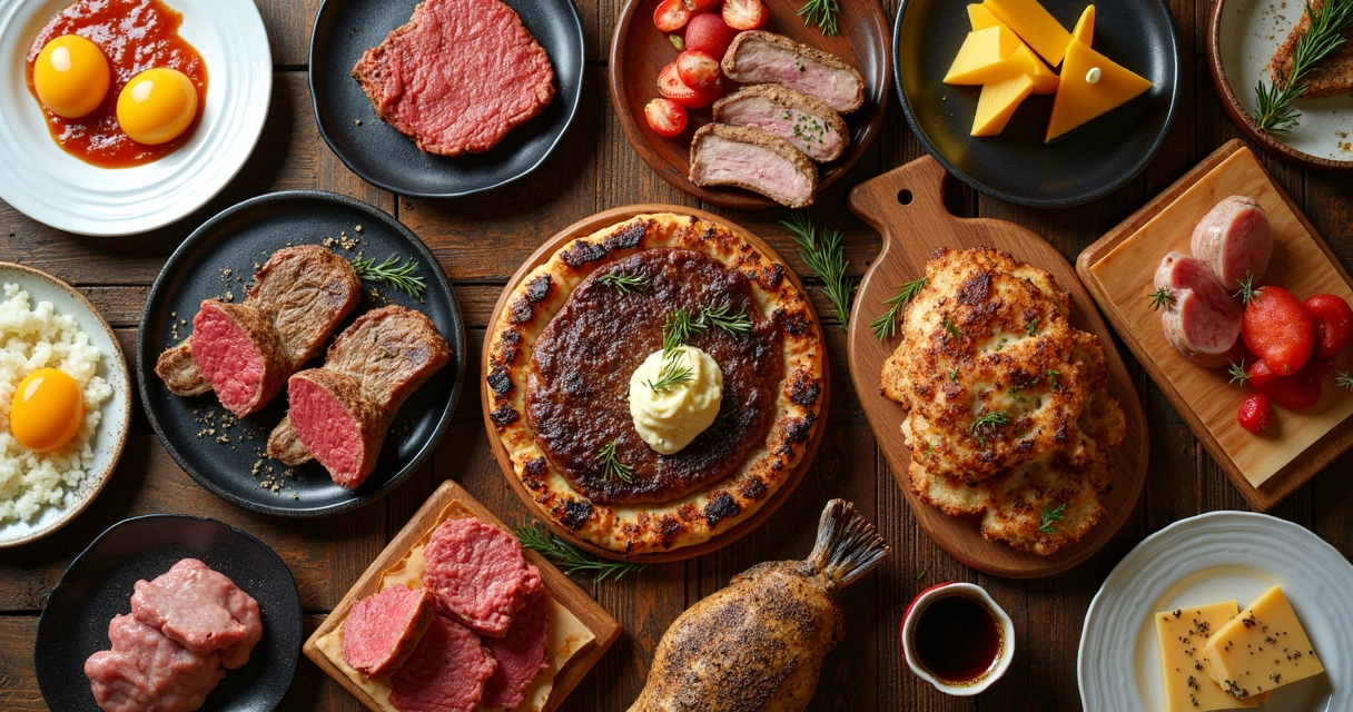 Carnes grelhadas variadas dispostas em prato de madeira 