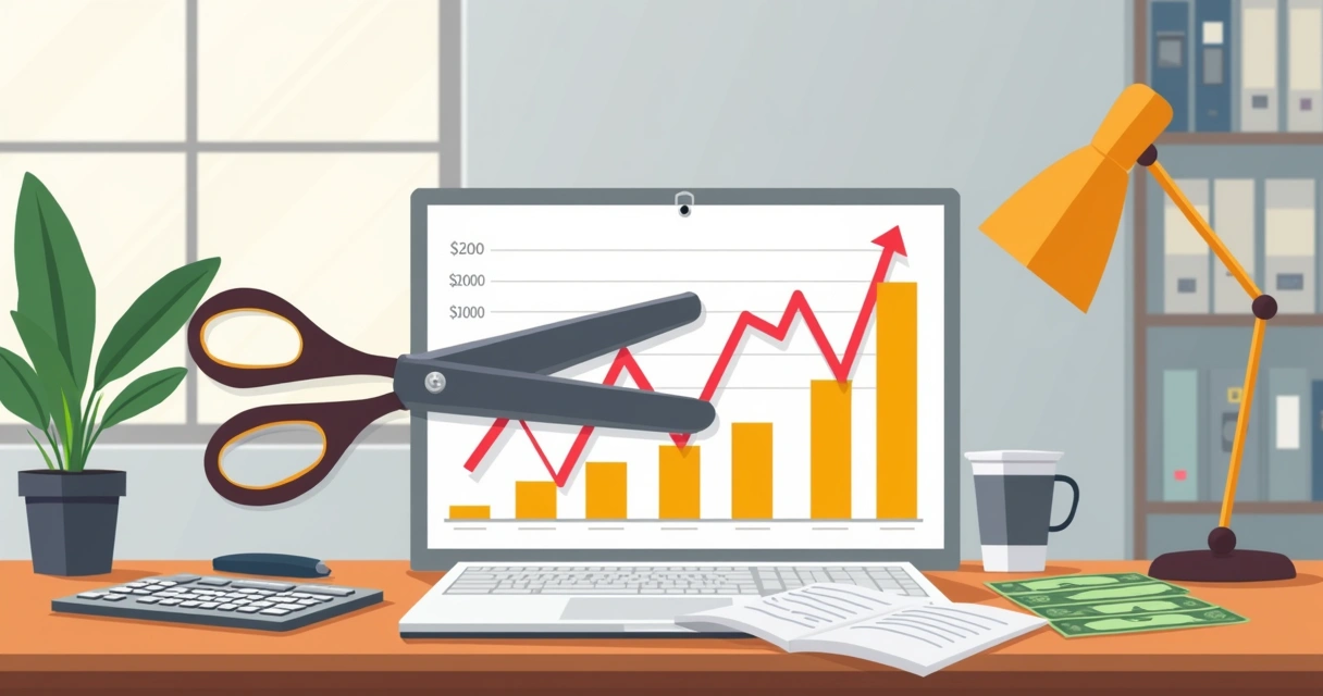 Gráfico de cortes de custos com tesoura e calculadora sobre mesa de documentos