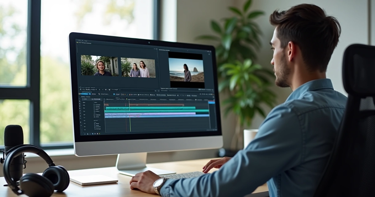 Pessoa editando vídeo em computador com múltiplos cortes visíveis na tela, ambiente moderno e iluminado 