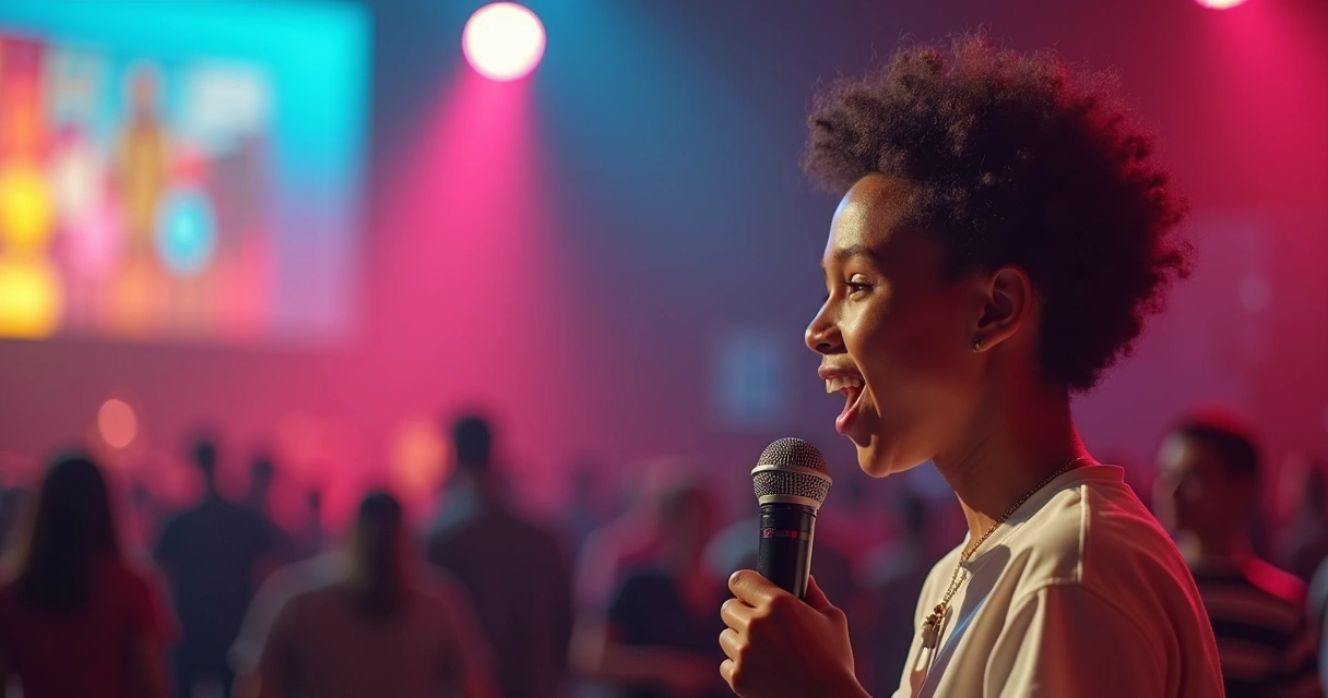 Short video of a young person's testimony in church, with a colorful band and emojis 