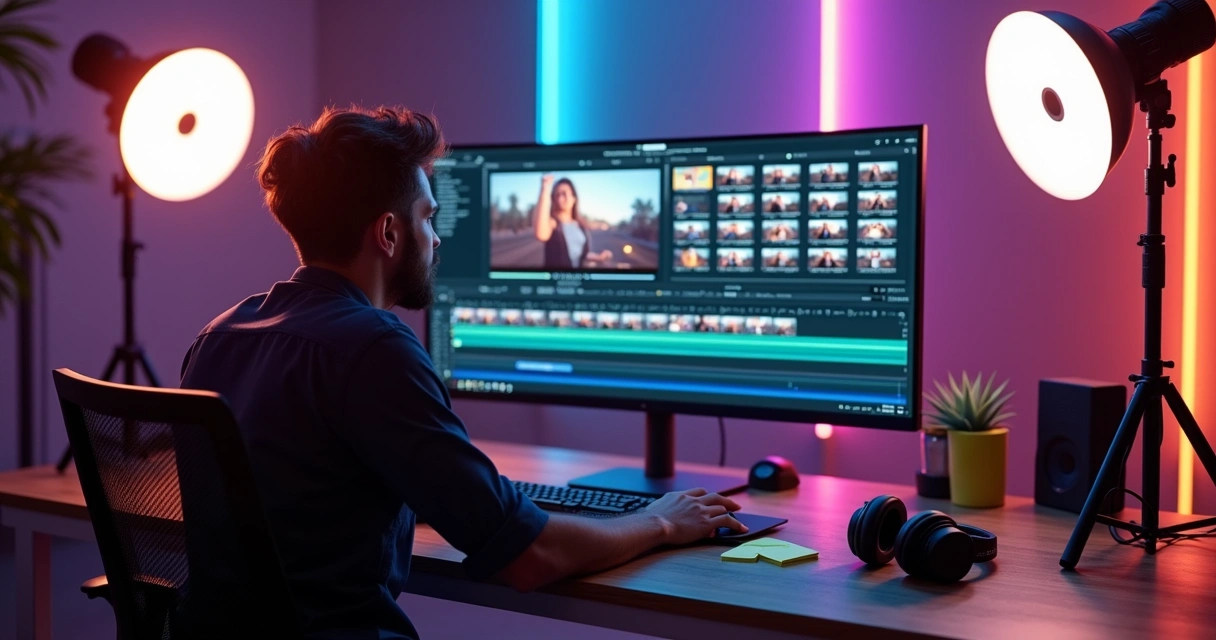 Editor de vídeo ajustando cortes em software profissional
