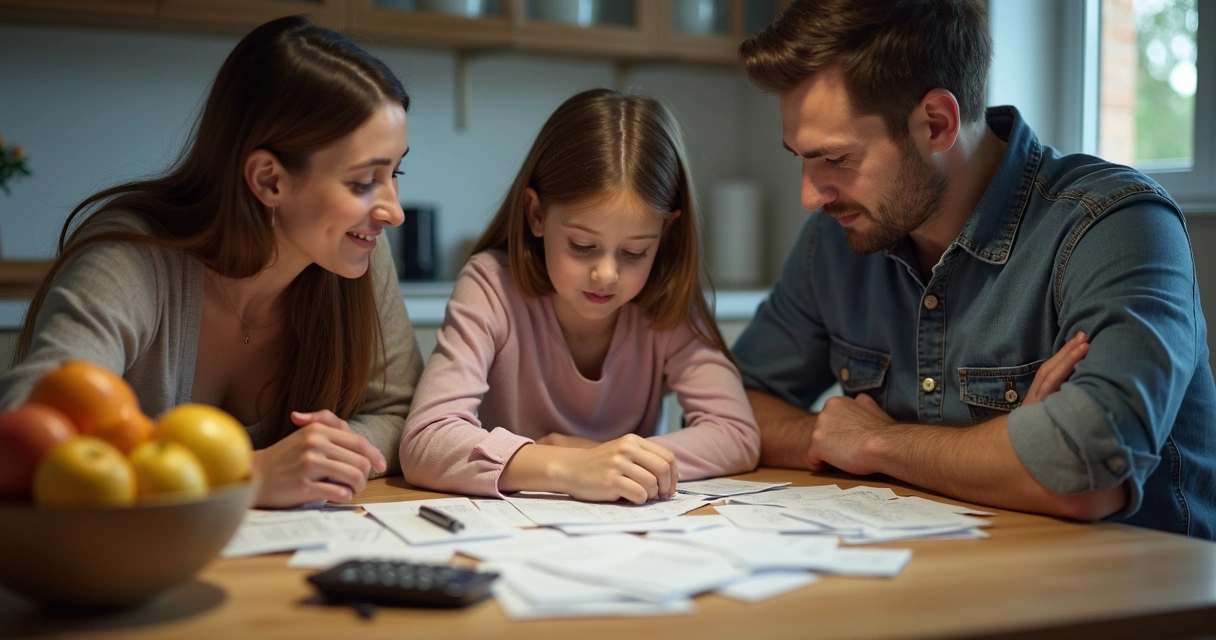 Família discutindo corte de despesas alimentares à mesa 