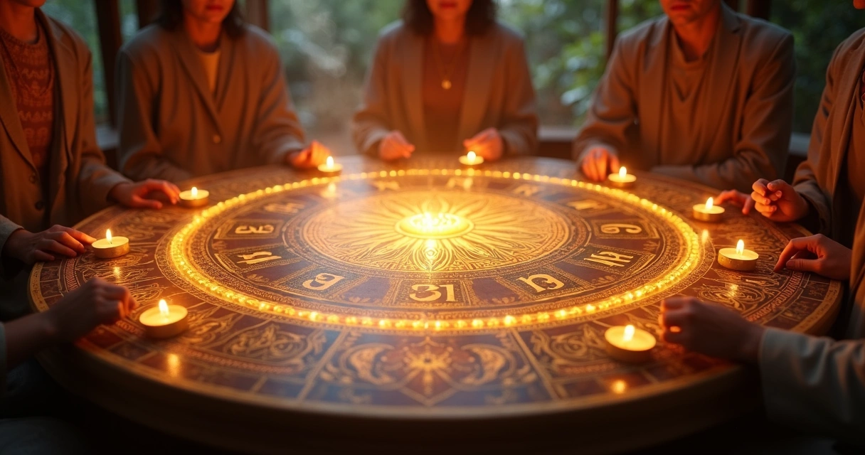 Mesa espiritual com luz dourada irradiando ao centro, pessoas ao redor em ambiente místico 