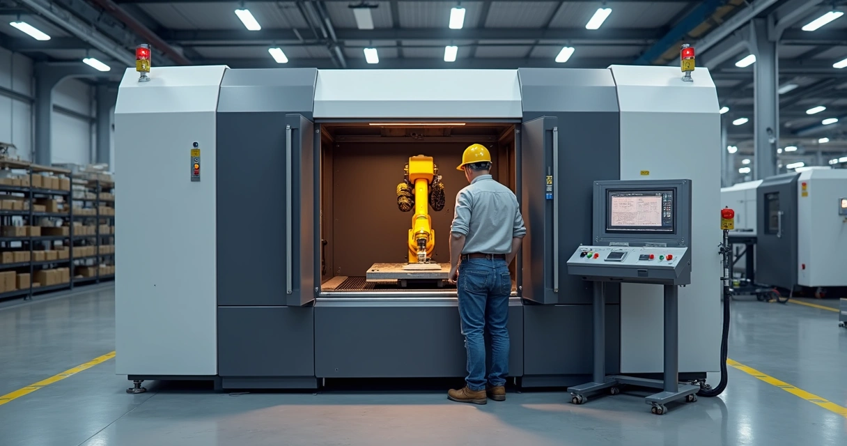 Célula de corte a laser robotizada com enclausuramento NR12 e operador abastecendo a janela automática 