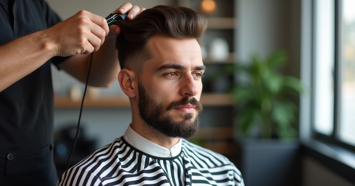 Corte de cabelo masculino médio estilo retrô com topo volumoso e laterais baixas 