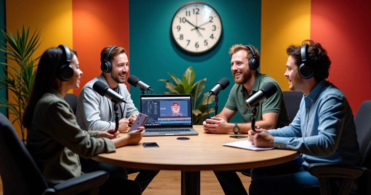 Podcasters sentados em mesa redonda discutindo com microfones e câmeras