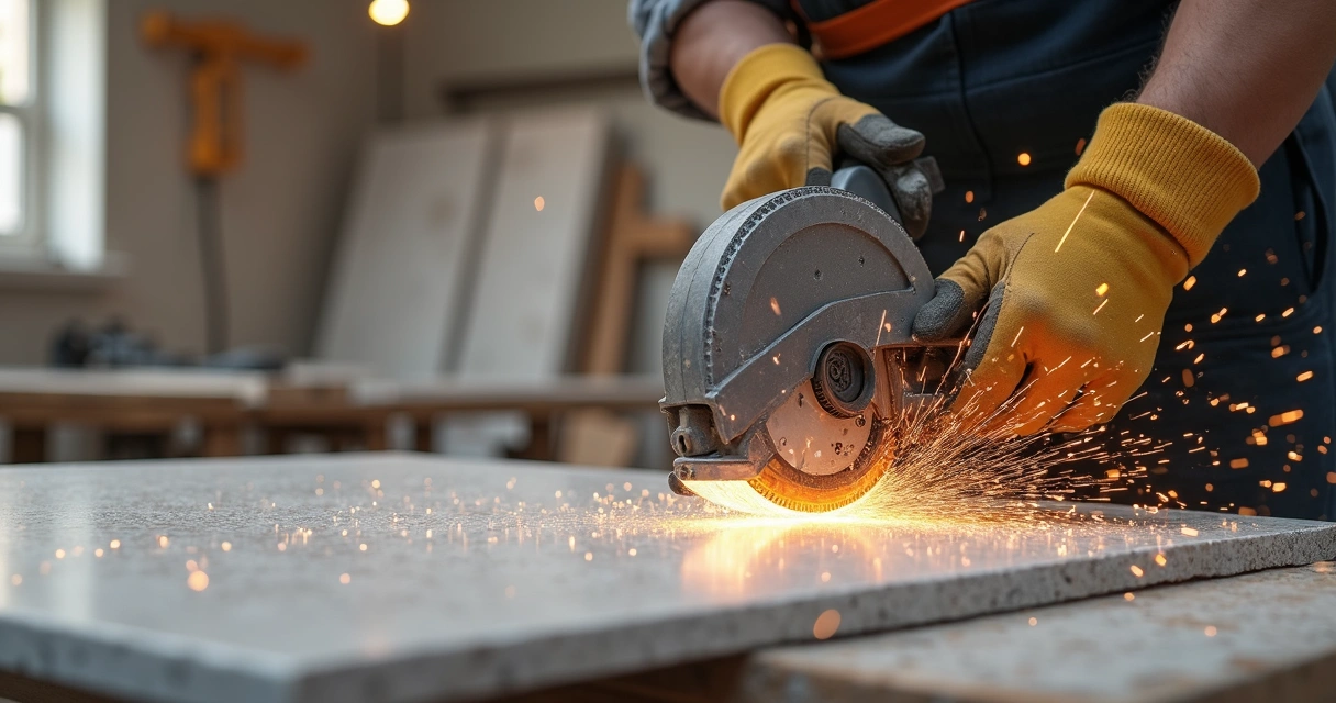 Profissional cortando quartzito com disco diamantado 