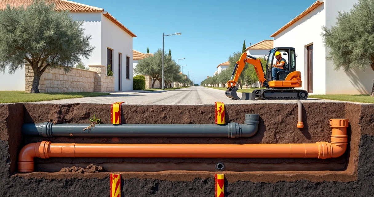 Corte transversal de terreno a mostrar tubulações enterradas e riscos de danos 