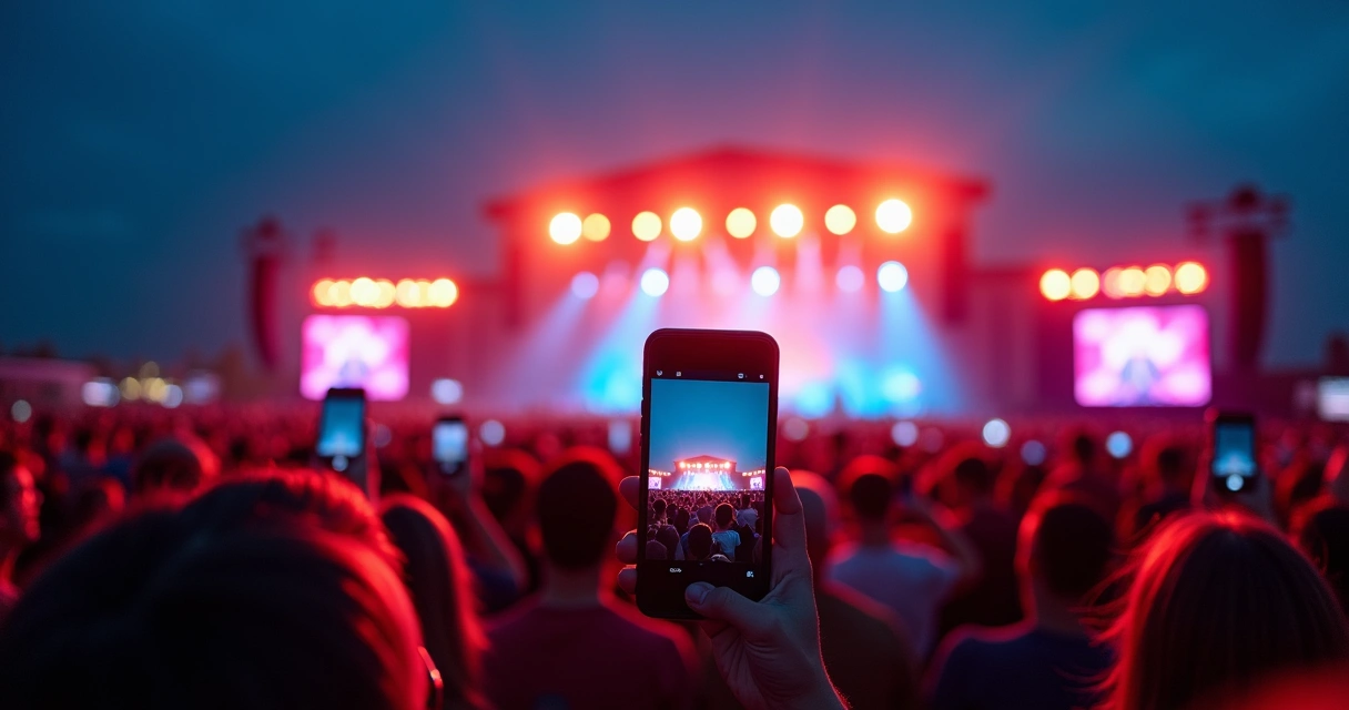 Illuminated stage viewed from below with a crowd recording videos on smartphones. 