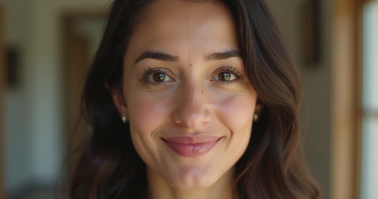 Vídeo vertical mostrando rosto centralizado com fundo suave, olhos olhando para a câmera