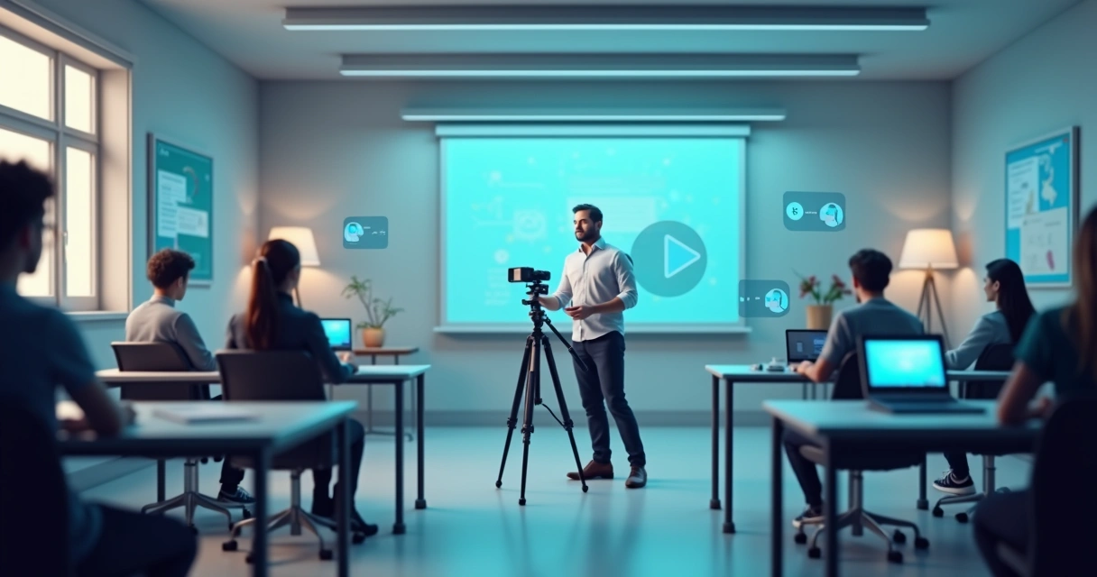 Professor grava vídeo em estúdio com câmera e luzes