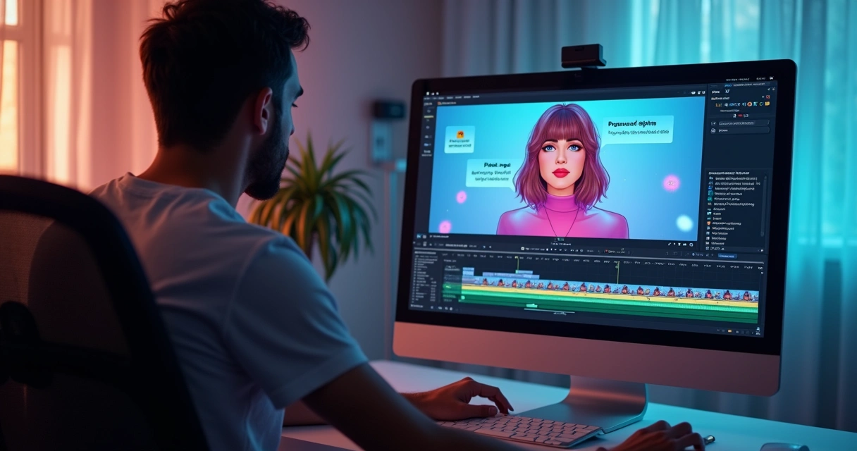 Content creator adjusting a video in an editing interface with artificial intelligence, highlighting face tracking and automatic captions
