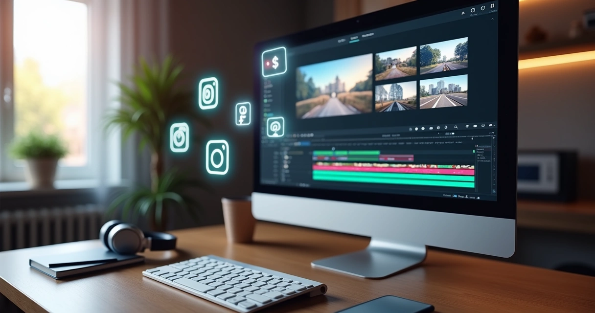 Tela de computador mostrando edição de vídeo com símbolos de copyright e ícones de redes sociais ao redor 