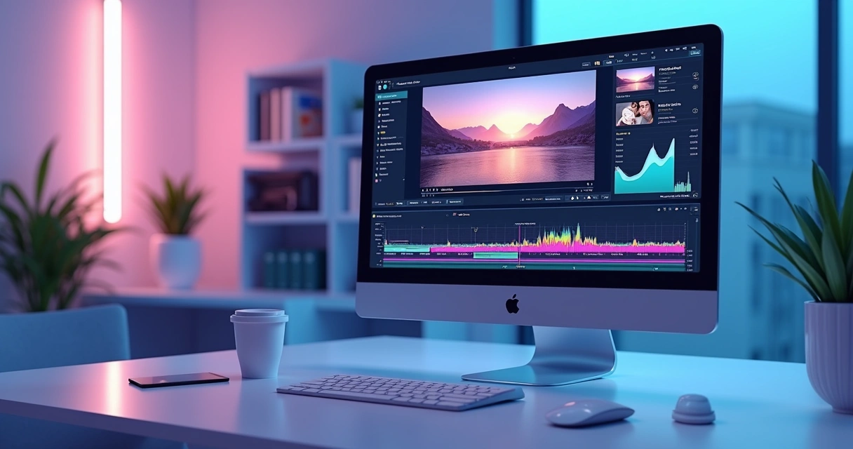 Modelo 3D de tela de computador mostrando vídeo sendo dividido em múltiplos cortes curtos para redes sociais 