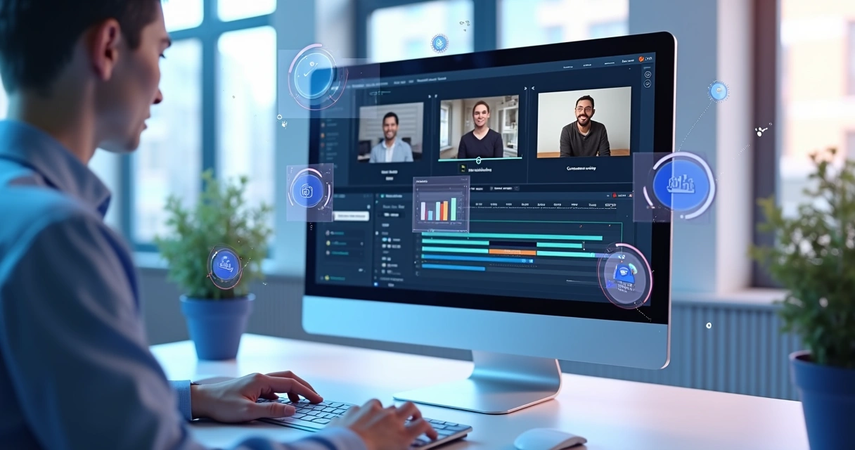 Tela de computador exibindo cortes curtos de vídeo para cursos online com gráficos de aumento de inscritos 