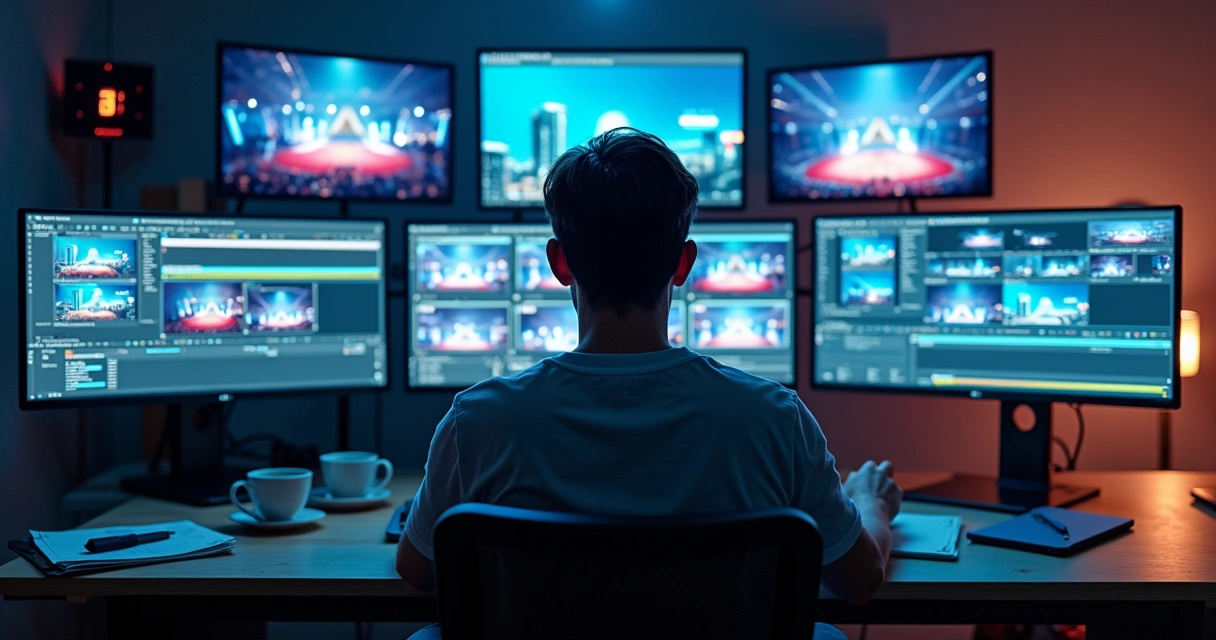 Pessoa recortando trechos de vídeo em várias telas no evento ao vivo