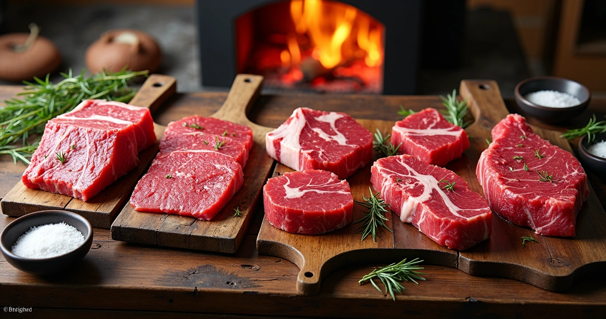 Diferentes cortes premium de carne dispostos em tábuas de madeira 