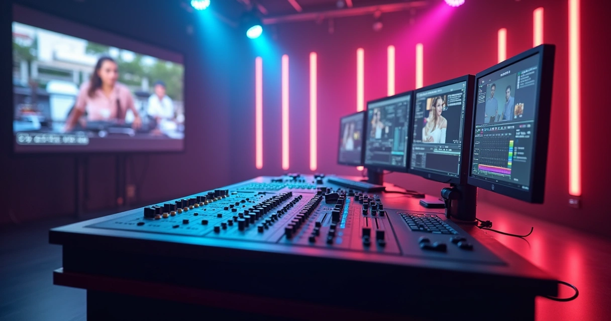 Modelo 3D de uma mesa de controle de producao de vídeo com várias telas mostrando cortes de vídeos em eventos ao vivo, luzes coloridas de palco e ícones de compartilhamento em redes sociais 
