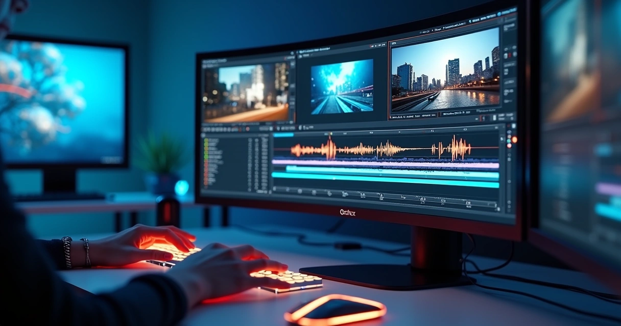 Modelos 3D de múltiplos vídeos sendo editados em uma tela digital com várias janelas abertas mostrando cortes curtos 