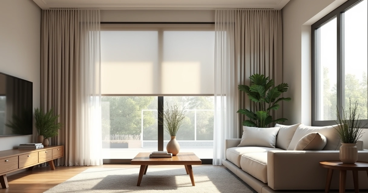 Sala de estar moderna com cortinas blackout encaixadas em janelas grandes, iluminação suave, móveis claros e decoração minimalista 