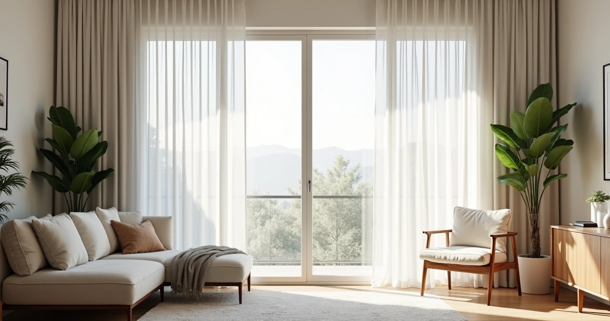 Sala com cortina de linho clara em janela ampla