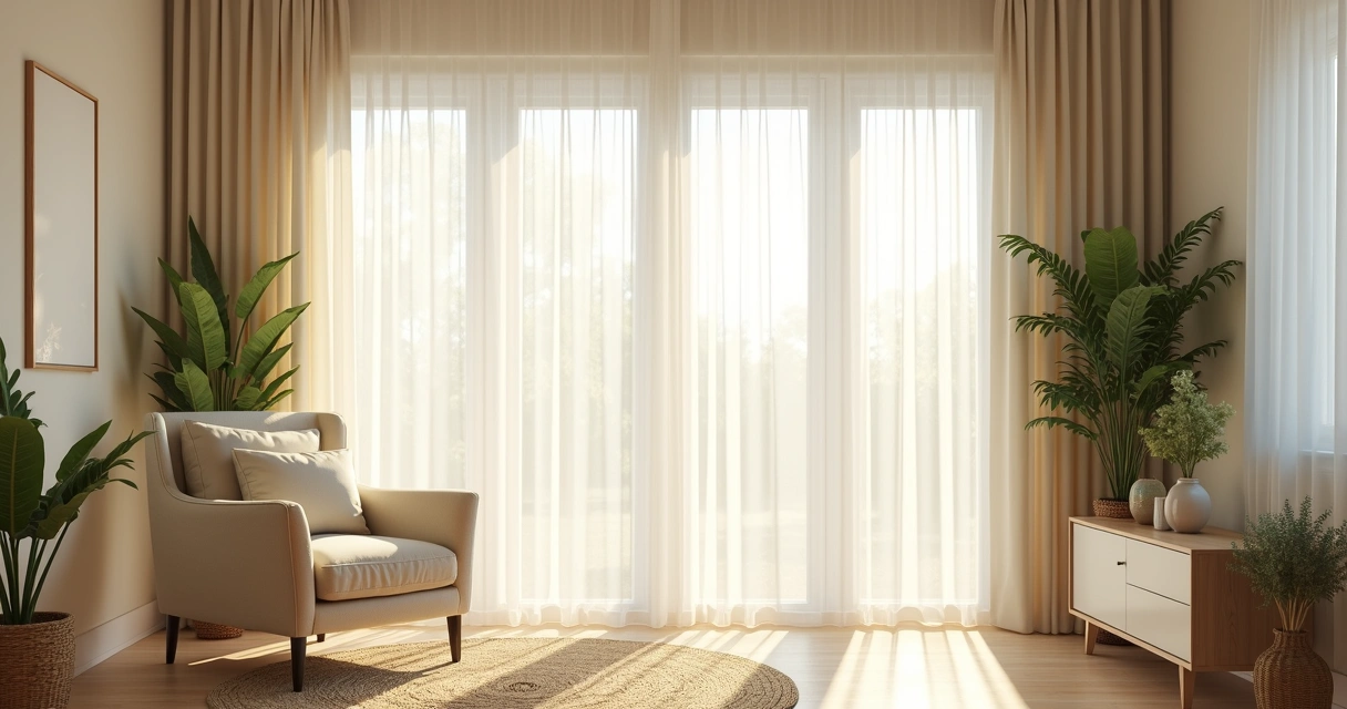 Cortina translúcida permitindo luz suave no quarto. 