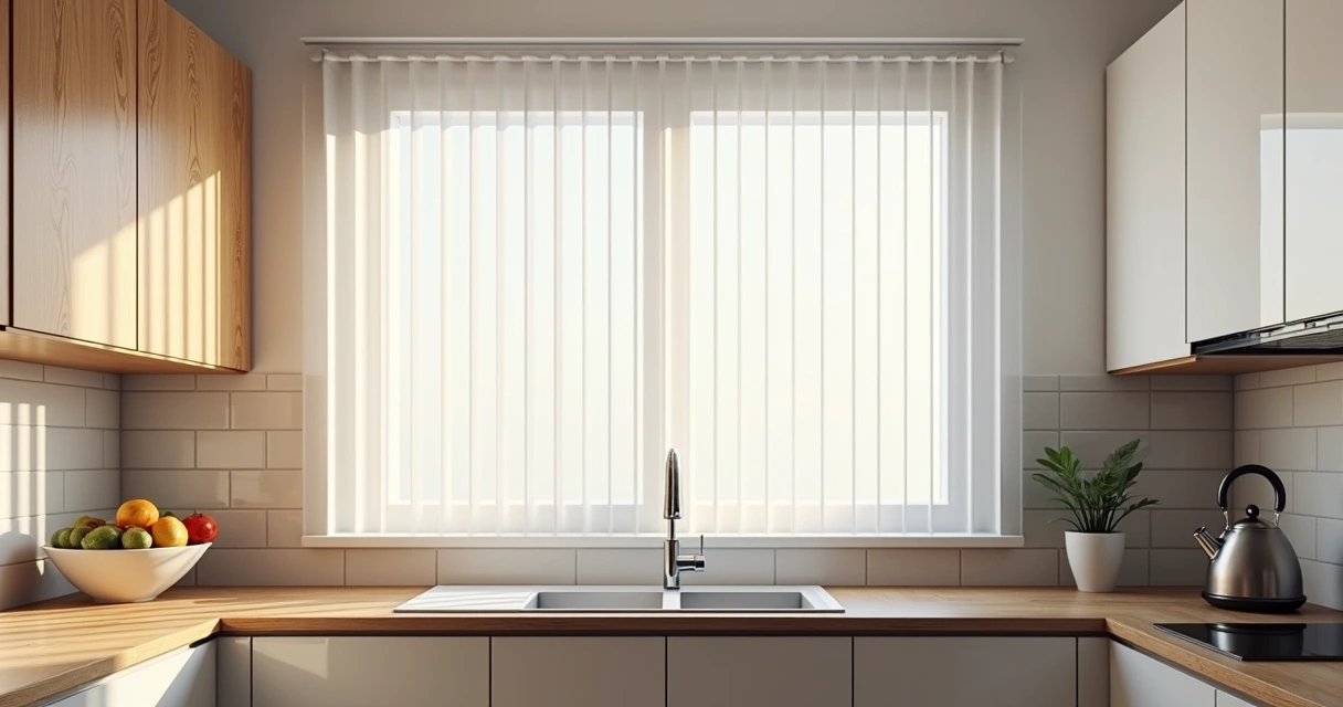 Persiana vertical branca instalada em cozinha moderna
