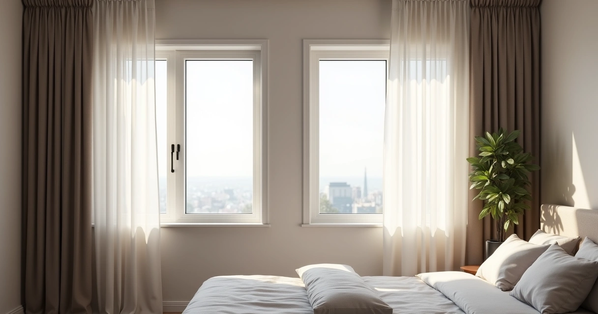 Duas janelas em um quarto, uma com cortina blackout fechada e outra com cortina translúcida aberta, iluminação suave entrando pela translúcida 