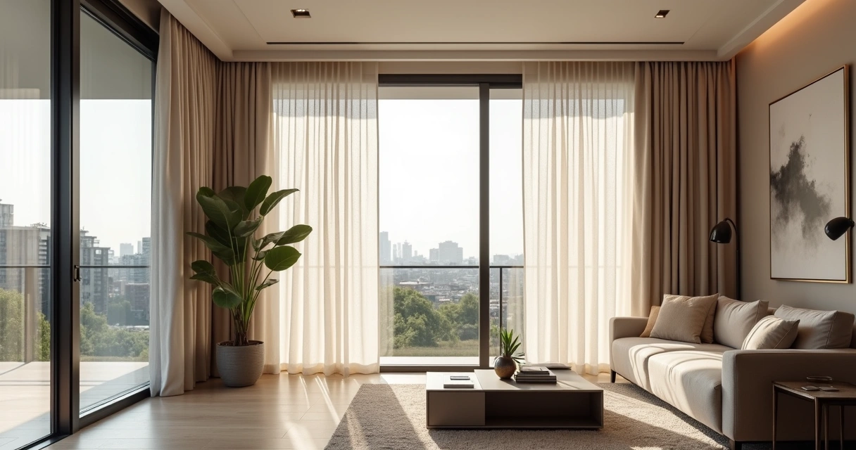 Sala de estar sofisticada com cortinas de linho claras sob medida em apartamento de alto padrão 