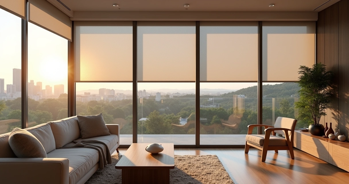 Sala de apartamento em Curitiba com sacada de vidro e cortinas tela solar e blackout 