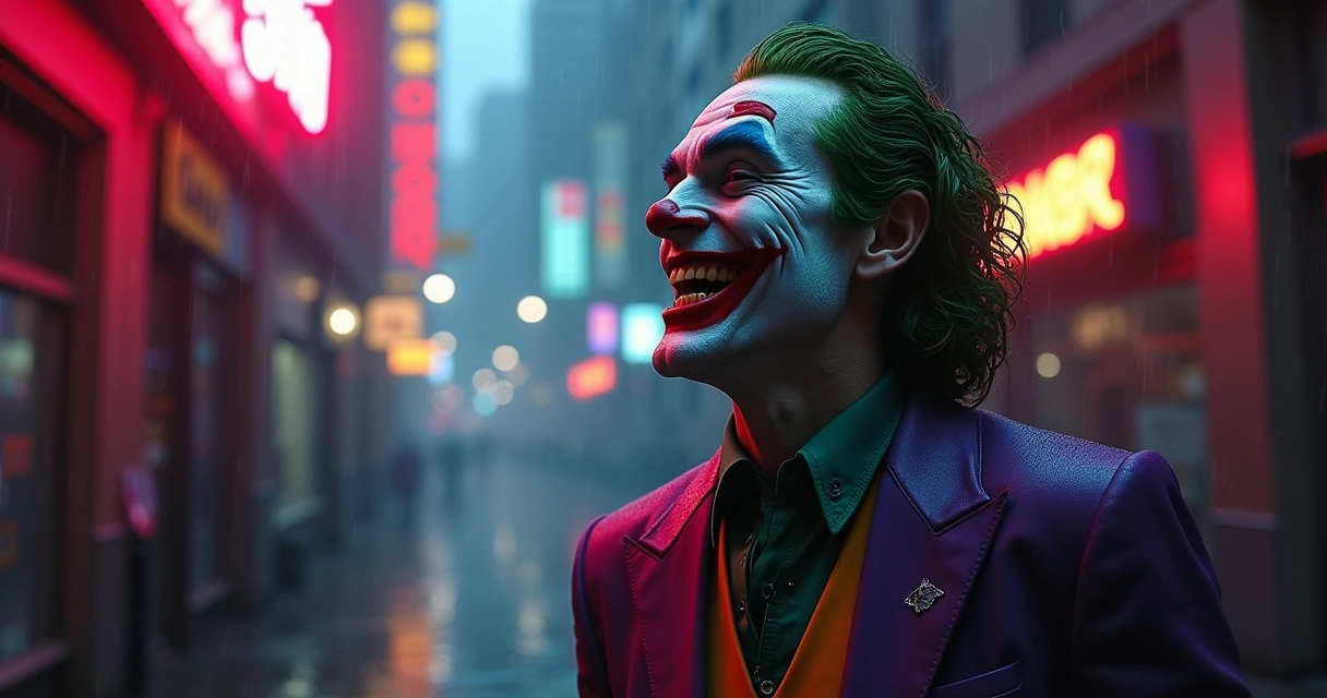 Coringa do Batman sorrindo em cenário sombrio de Gotham 