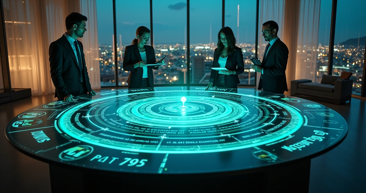 Gestor observa grande círculo digital central organizando fluxos de dados comerciais 