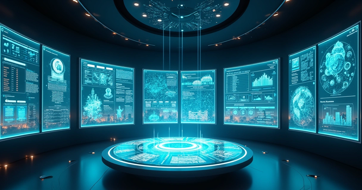 Painéis digitais em arco representando toda a jornada do cliente integrados por uma plataforma central de dados 