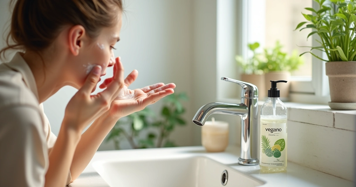 Pessoa aplicando sabonete facial vegano na frente do espelho 