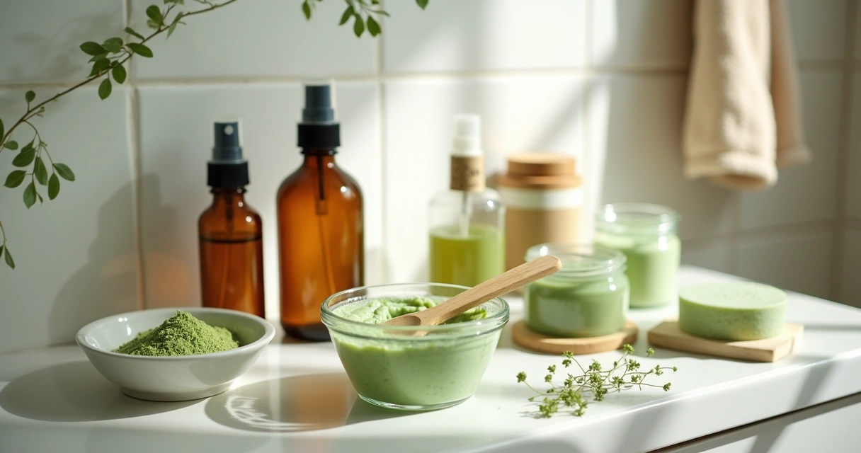 Bancada de banheiro com cosméticos naturais e moringa em destaque 