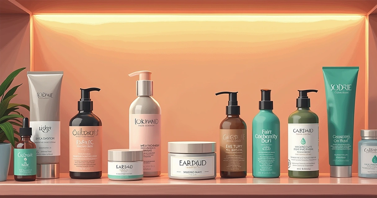 Produtos de cosméticos com selos sociais em prateleira 