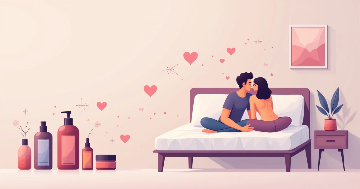 Casal na cama com cosméticos excitantes sobre a mesa de cabeceira 