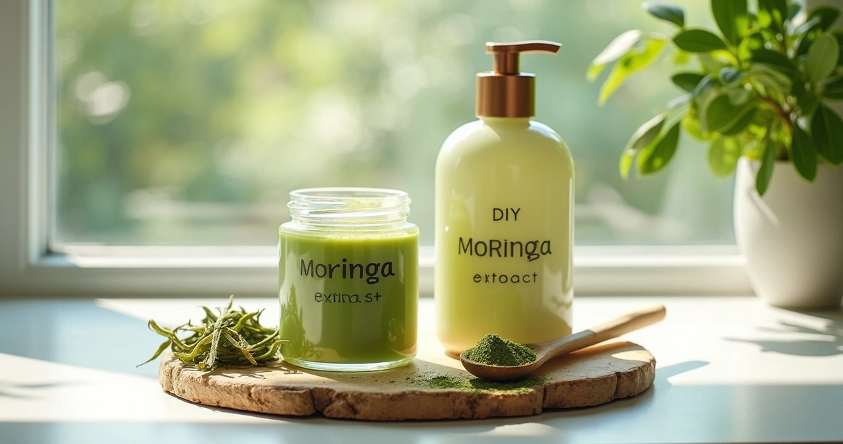 Duas embalagens caseiras de creme e loção com extrato de moringa sobre bancada clara 