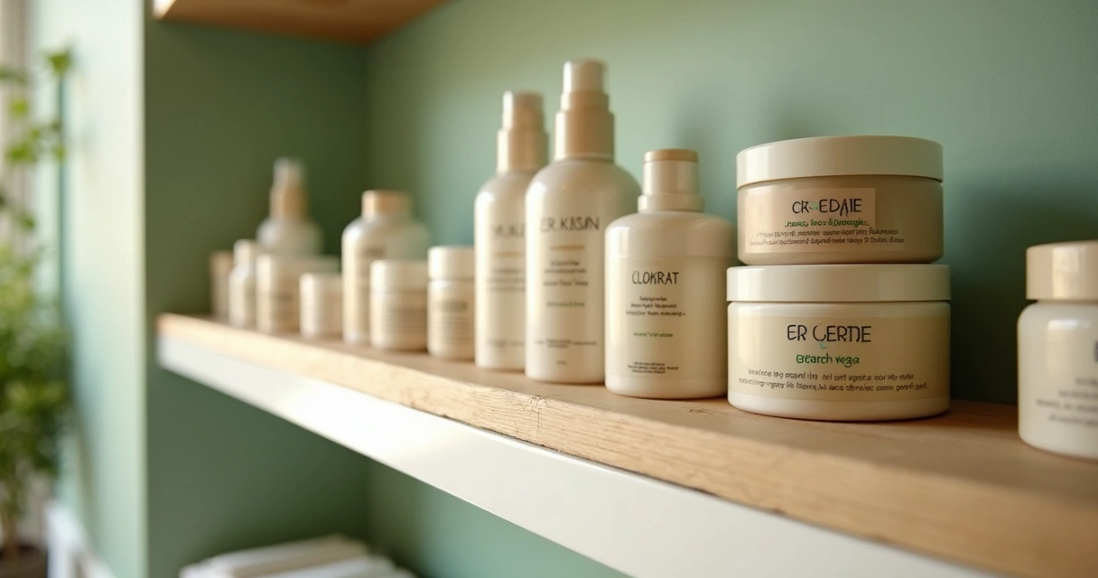 Cosméticos naturais organizados na prateleira 