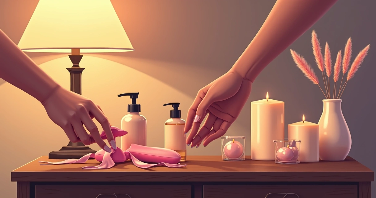 Mesa com acessórios sensuais, cosméticos de massagem, vibrador e velas decorativas, iluminada por uma luz suave