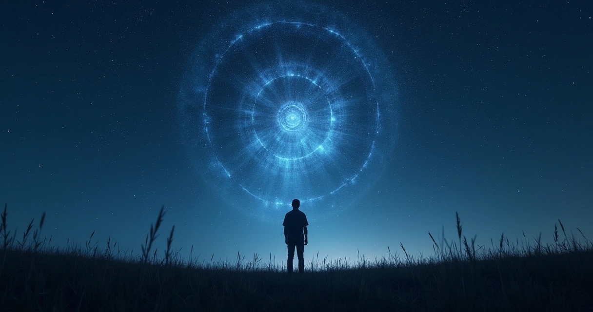 Silhouette of person beneath night sky filled with stars, cosmic symbols overlay, sense of unity 