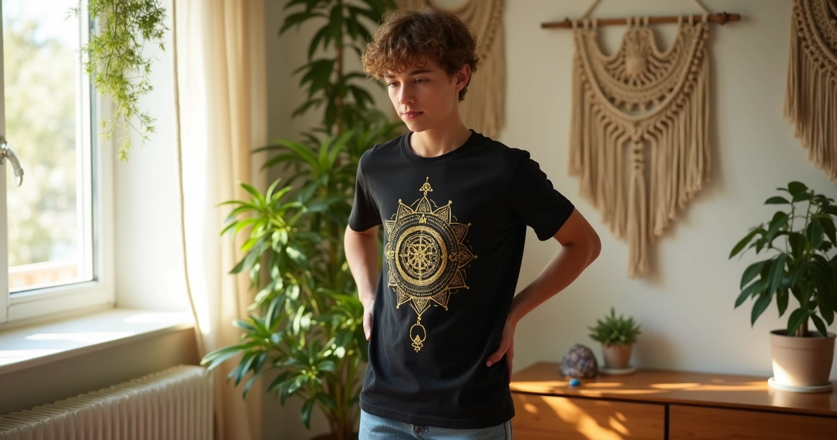 Person wearing a t-shirt with sacred geometry and cosmic symbols 