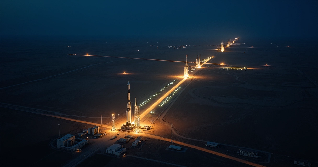 Cosmodromo de Baikonur iluminado à noite, visto de cima 