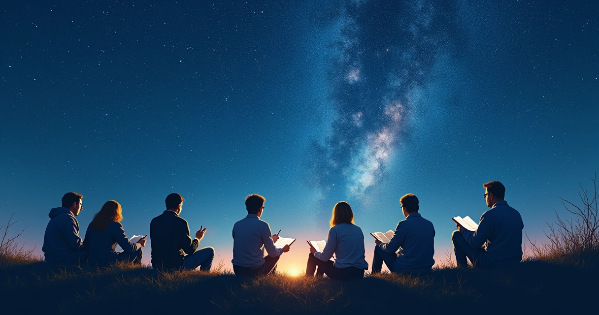 Teólogos e cientistas olhando para as estrelas juntos 