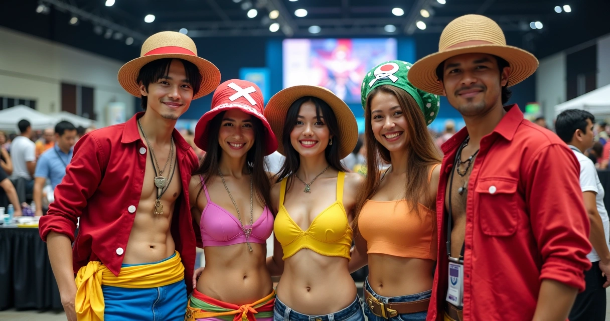Grupo de pessoas em cosplay de One Piece em evento brasileiro 