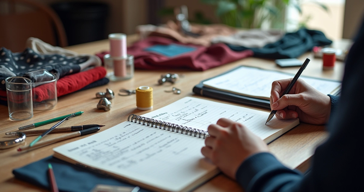 Persona revisando presupuesto para disfraz de cosplay en mesa con materiales y libreta 