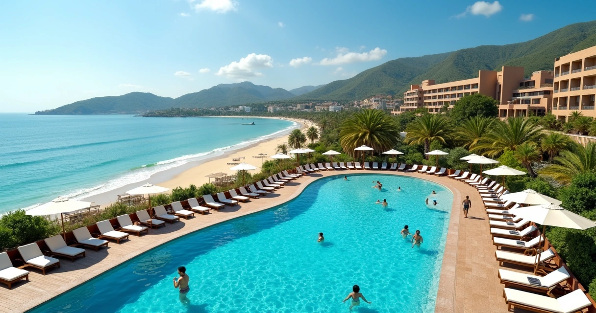 Vista da piscina e mar de resort em Florianópolis 
